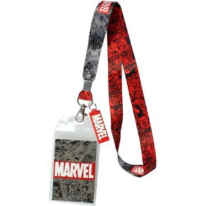 Marvel Lanyard ID Badge Holder, 2" Rubber Charm Pendant with Raised Script and 2 Sided Vintage Comic Strip Pattern
