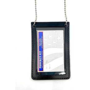 Neck Chain Double Sided ID Holder with 2 Clear Picture ID Windows, Leather Badge for Credential Pass to Wear Around The Neck for Police Law Enforcement, Factory Worker (Black) (Horizontal)