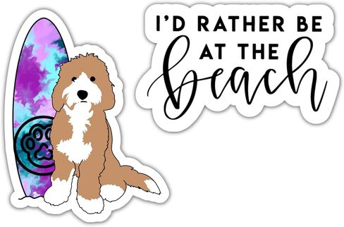ملصق فينيل مقاس 3 قطع/عبوة - ملصق Goldendoodle Poodle Mix Surf Board Summer Beach، ملصق للكلاب - الكمبيوتر المحمول، الهاتف، ملصق فينيل لزجاجة المياه in Kuwait