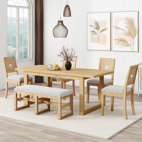 Voohek 6-Piece Modern Dining Table Set with 4 Upholstered Chairs and Long Bench, Kitchen Furniture w/ 18'' Butterfly Leaf, Multi-Dimensional Geometric Pattern & Plush Cushioned Seats, Gray in Kuwait