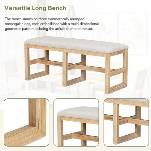 Voohek 6-Piece Modern Dining Table Set with 4 Upholstered Chairs and Long Bench, Kitchen Furniture w/ 18'' Butterfly Leaf, Multi-Dimensional Geometric Pattern & Plush Cushioned Seats, Gray in Kuwait