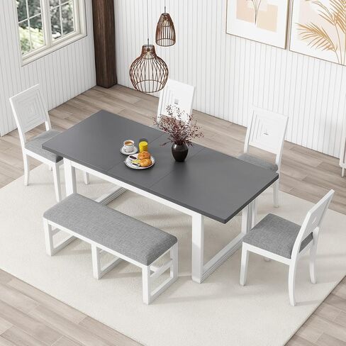 Voohek 6-Piece Modern Dining Table Set with 4 Upholstered Chairs and Long Bench, Kitchen Furniture w/ 18'' Butterfly Leaf, Multi-Dimensional Geometric Pattern & Plush Cushioned Seats, White+Gray in Kuwait