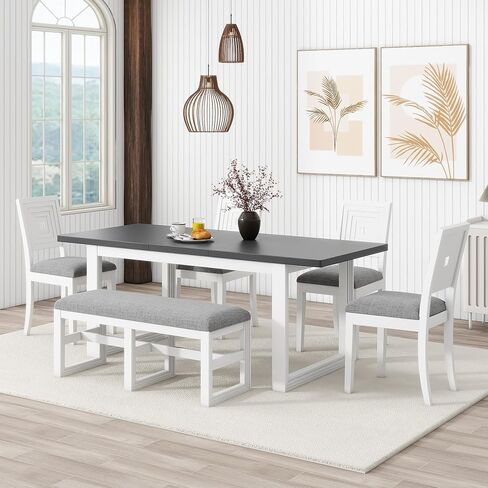 Voohek 6-Piece Modern Dining Table Set with 4 Upholstered Chairs and Long Bench, Kitchen Furniture w/ 18'' Butterfly Leaf, Multi-Dimensional Geometric Pattern & Plush Cushioned Seats, White+Gray in Kuwait