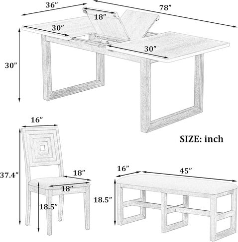 Voohek 6-Piece Modern Dining Table Set with 4 Upholstered Chairs and Long Bench, Kitchen Furniture w/ 18'' Butterfly Leaf, Multi-Dimensional Geometric Pattern & Plush Cushioned Seats, White+Gray in Kuwait