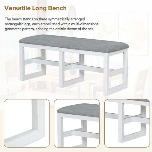 Voohek 6-Piece Modern Dining Table Set with 4 Upholstered Chairs and Long Bench, Kitchen Furniture w/ 18'' Butterfly Leaf, Multi-Dimensional Geometric Pattern & Plush Cushioned Seats, White+Gray in Kuwait