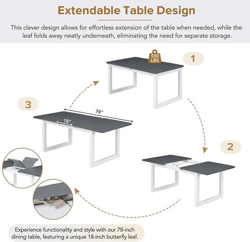 Voohek 6-Piece Modern Dining Table Set with 4 Upholstered Chairs and Long Bench, Kitchen Furniture w/ 18'' Butterfly Leaf, Multi-Dimensional Geometric Pattern & Plush Cushioned Seats, White+Gray in Kuwait