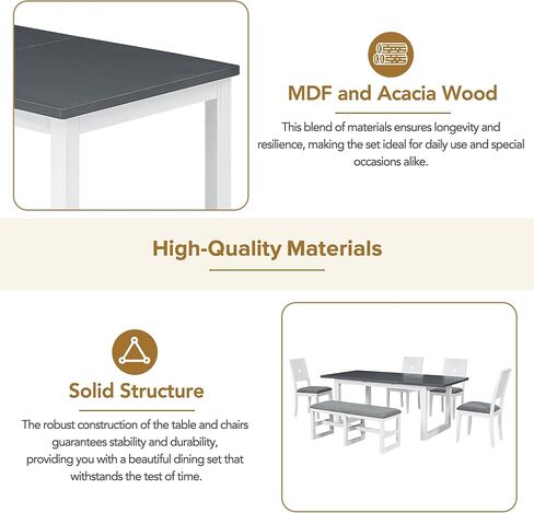 Voohek 6-Piece Modern Dining Table Set with 4 Upholstered Chairs and Long Bench, Kitchen Furniture w/ 18'' Butterfly Leaf, Multi-Dimensional Geometric Pattern & Plush Cushioned Seats, White+Gray in Kuwait