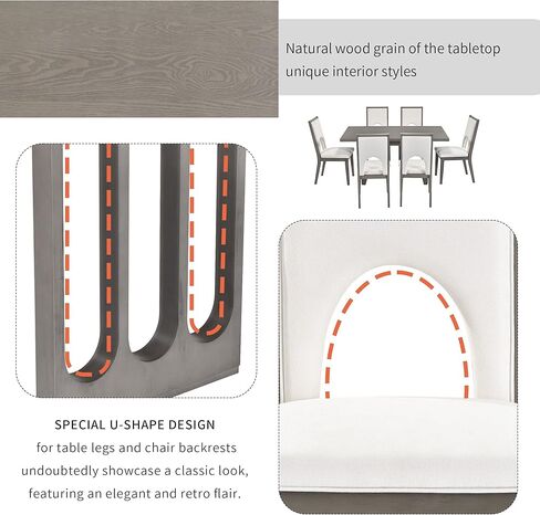 طقم طاولة طعام مزرعة Voohek مكون من 7 قطع مع 6 كراسي منجدة، ووسادة مقعد مريحة ومسند ظهر مرتفع، وأثاث مطبخ بتصميم خاص على شكل حرف U وأرجل مدببة، رمادي، رمادي + بيج in Kuwait