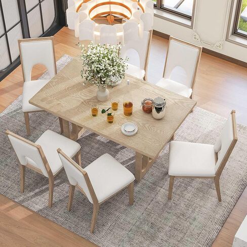 Voohek, Natural Wood Wash 7-Piece Farmhouse Dining Table Set with 6 Upholstered Chairs, Comfortable Seat Cushion and High Backrest, Kitchen Furniture w/Special U-Shape Design & Tapered Legs in Kuwait