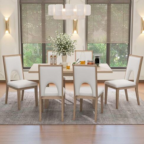 Voohek, Natural Wood Wash 7-Piece Farmhouse Dining Table Set with 6 Upholstered Chairs, Comfortable Seat Cushion and High Backrest, Kitchen Furniture w/Special U-Shape Design & Tapered Legs in Kuwait