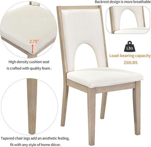 Voohek, Natural Wood Wash 7-Piece Farmhouse Dining Table Set with 6 Upholstered Chairs, Comfortable Seat Cushion and High Backrest, Kitchen Furniture w/Special U-Shape Design & Tapered Legs in Kuwait