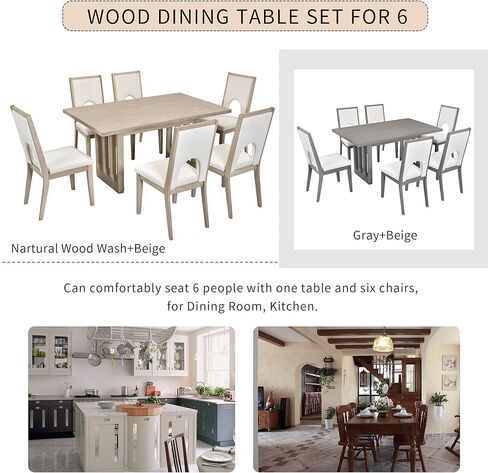 Voohek, Natural Wood Wash 7-Piece Farmhouse Dining Table Set with 6 Upholstered Chairs, Comfortable Seat Cushion and High Backrest, Kitchen Furniture w/Special U-Shape Design & Tapered Legs in Kuwait