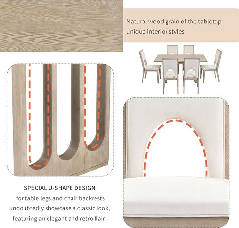 Voohek, Natural Wood Wash 7-Piece Farmhouse Dining Table Set with 6 Upholstered Chairs, Comfortable Seat Cushion and High Backrest, Kitchen Furniture w/Special U-Shape Design & Tapered Legs in Kuwait