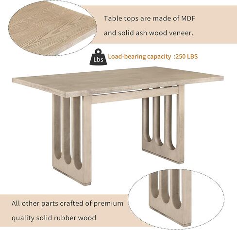 Voohek, Natural Wood Wash 7-Piece Farmhouse Dining Table Set with 6 Upholstered Chairs, Comfortable Seat Cushion and High Backrest, Kitchen Furniture w/Special U-Shape Design & Tapered Legs in Kuwait