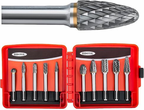 Carbide Burr Set 1/4" Shank 10PC Tungsten Double Cut Carbide Rotary Burr Set for Metal and Wood Carving, Grinding, Polishing, Engraving, Drilling in Wooden Case. in Saudi Arabia