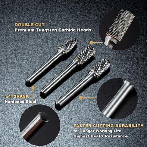 Carbide Burr Set 1/4" Shank 10PC Tungsten Double Cut Carbide Rotary Burr Set for Metal and Wood Carving, Grinding, Polishing, Engraving, Drilling in Wooden Case. in Saudi Arabia