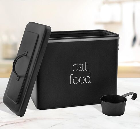 AuldHome Farmhouse Cat Food Container (Black); Enamel Look Rustic Cat Food Bin with Scoop in Kuwait