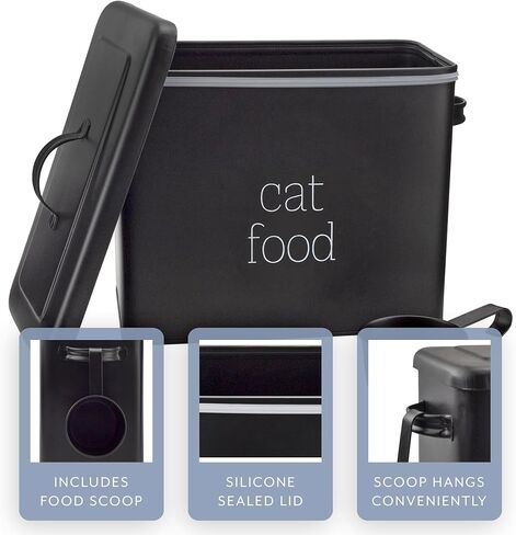 AuldHome Farmhouse Cat Food Container (Black); Enamel Look Rustic Cat Food Bin with Scoop in Kuwait