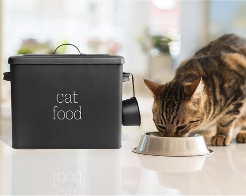AuldHome Farmhouse Cat Food Container (Black); Enamel Look Rustic Cat Food Bin with Scoop in Kuwait