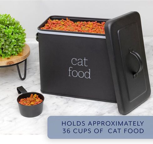 AuldHome Farmhouse Cat Food Container (Black); Enamel Look Rustic Cat Food Bin with Scoop in Kuwait