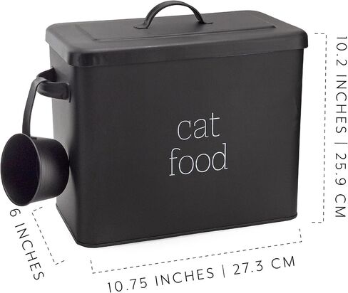 AuldHome Farmhouse Cat Food Container (Black); Enamel Look Rustic Cat Food Bin with Scoop in Kuwait