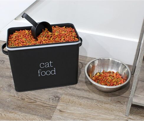 AuldHome Farmhouse Cat Food Container (Black); Enamel Look Rustic Cat Food Bin with Scoop in Kuwait