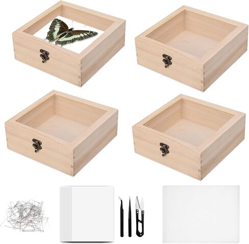 Insect Specimen Tools Kit, 4 Clear Top Wooden Box + 10 Sheets Thin Tracing Paper + 2 EVA Foam Pinning Board + 200 Pins + 2 Tweezers + 1 Scissors Tools for Insect Collectors Bugs Suspension Box in Saudi Arabia