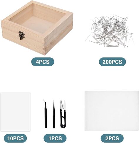 Insect Specimen Tools Kit, 4 Clear Top Wooden Box + 10 Sheets Thin Tracing Paper + 2 EVA Foam Pinning Board + 200 Pins + 2 Tweezers + 1 Scissors Tools for Insect Collectors Bugs Suspension Box in Saudi Arabia