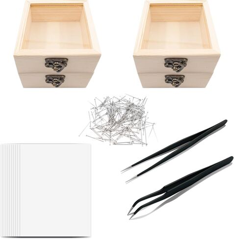 Insect Specimen Tools Kit, 4 Clear Top Wooden Box + 10 Sheets Thin Tracing Paper + 2 EVA Foam Pinning Board + 200 Pins + 2 Tweezers + 1 Scissors Tools for Insect Collectors Bugs Suspension Box in Saudi Arabia
