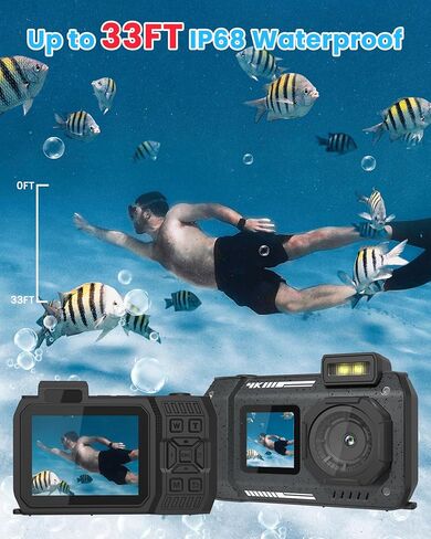 كاميرا 4K تحت الماء 33FT كاميرا رقمية مقاومة للماء مع بطاقة 64 جيجابايت 65 ميجابكسل ضبط تلقائي للصورة سيلفي شاشة مزدوجة كاميرا تحت الماء للغطس مدمجة 18X تكبير نقطة واطلاق النار، بطارية 2500 مللي أمبير في الساعة من النوع C-أسود in Kuwait
