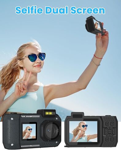 كاميرا 4K تحت الماء 33FT كاميرا رقمية مقاومة للماء مع بطاقة 64 جيجابايت 65 ميجابكسل ضبط تلقائي للصورة سيلفي شاشة مزدوجة كاميرا تحت الماء للغطس مدمجة 18X تكبير نقطة واطلاق النار، بطارية 2500 مللي أمبير في الساعة من النوع C-أسود in Kuwait
