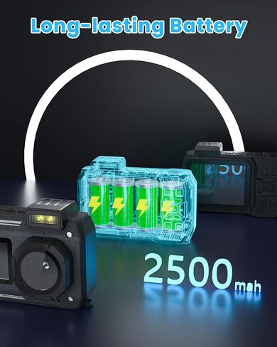 كاميرا 4K تحت الماء 33FT كاميرا رقمية مقاومة للماء مع بطاقة 64 جيجابايت 65 ميجابكسل ضبط تلقائي للصورة سيلفي شاشة مزدوجة كاميرا تحت الماء للغطس مدمجة 18X تكبير نقطة واطلاق النار، بطارية 2500 مللي أمبير في الساعة من النوع C-أسود in Kuwait