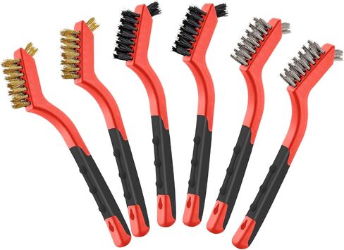 MAXMAN Wire Brush, 6Pcs Small Wire Brushes Set, Stainless Steel/Brass/Nylon Bristles, Household Deep & Gentle Cleaning Brush, Scratch Brushes for Dirt, Paint Scrubbing, Rust Remover, 7 Inches, Red in Saudi Arabia