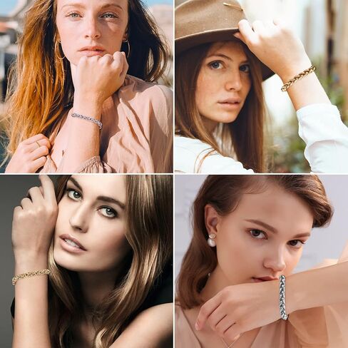 أساور ذهبية للنساء، أساور ذهبية من الفولاذ المقاوم للصدأ، أساور سلسلة كوبية مكتنزة بسمك 10 مم، سوار قابل للتعديل مطلي بالذهب عيار 14 قيراط للنساء 7.5"+1.5"، مجوهرات مصنوعة يدويًا in Kuwait