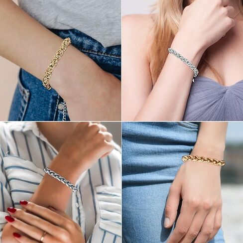 أساور ذهبية للنساء، أساور ذهبية من الفولاذ المقاوم للصدأ، أساور سلسلة كوبية مكتنزة بسمك 10 مم، سوار قابل للتعديل مطلي بالذهب عيار 14 قيراط للنساء 7.5"+1.5"، مجوهرات مصنوعة يدويًا in Kuwait