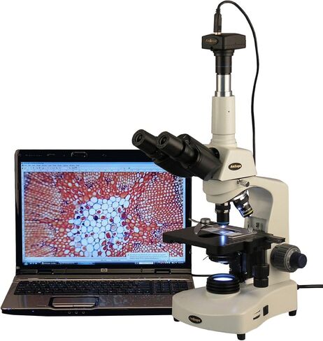AmScope T340B-LED-10M مجهر مركب ثلاثي العينيات رقمي Siedentopf، تكبير 40X-2000X، Brightfield، عدسات WF10x وWF20x، إضاءة LED، مكثف Abbe، مرحلة ميكانيكية مزدوجة الطبقة، يتضمن كاميرا 10 ميجابكسل مع عدسة تخفيض وبرامج in Saudi Arabia