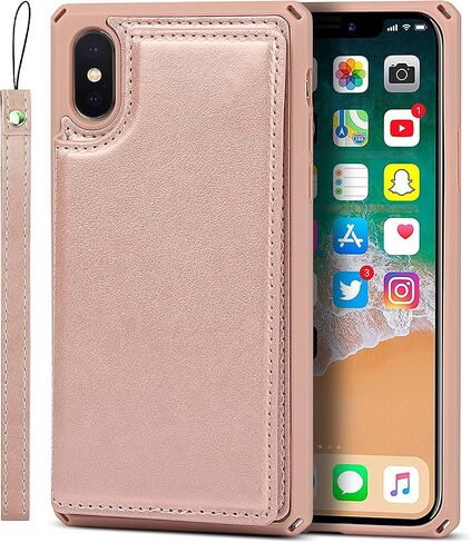 حافظة لهاتف iPhone X، حافظة iPhone Xs، [حامل بطاقة الائتمان وجراب محفظة بفتحة] غطاء خلفي من الجلد مضاد للصدمات مع حزام (5.8 بوصات) - وردي in Kuwait