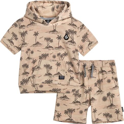 طقم بدلة رياضية للأولاد من Volcom - سويت شيرت بقلنسوة بأكمام قصيرة من French Terry وسروال قصير - طقم شورت للأولاد الصغار in Kuwait