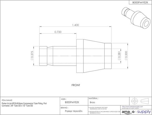 Parker A-Lok 6PC8-B Brass Compression Tube Fitting, Port Connector, 3/8" Tube OD x 1/2" Tube OD in Saudi Arabia