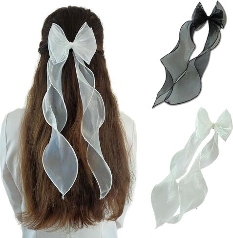 Chic Duo- 2 Pcs Black and White Hair Bow Barrettes with Long Tails | Stylish Hair Clips for Women, Girls' Hair Accessories, Hair Styling Set in Saudi Arabia