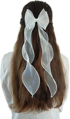 Chic Duo- 2 Pcs Black and White Hair Bow Barrettes with Long Tails | Stylish Hair Clips for Women, Girls' Hair Accessories, Hair Styling Set in Saudi Arabia