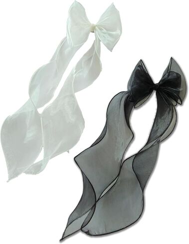 Chic Duo- 2 Pcs Black and White Hair Bow Barrettes with Long Tails | Stylish Hair Clips for Women, Girls' Hair Accessories, Hair Styling Set in Saudi Arabia