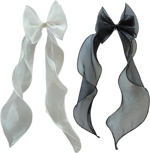 Chic Duo- 2 Pcs Black and White Hair Bow Barrettes with Long Tails | Stylish Hair Clips for Women, Girls' Hair Accessories, Hair Styling Set in Saudi Arabia