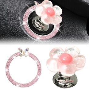 1PC Push Start Button Cover and 1PC Car Engine Stop Decoration Ring, Resin Flower Push to Start Button Cover Sticker, Crystal Car Engine Start Stop Decoration Ring for Women Car Decoration in Saudi Arabia