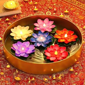 6pcs 4in Diwali Decorations Lotus Light - Water-Sensing Floating Diyas Artificial Lotus Flower for Home Urli Bowl Mandir Pooja Decor Indian Party Diwali Return Gifts in Kuwait
