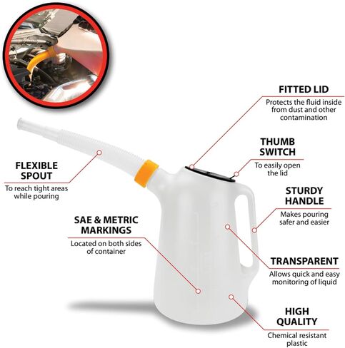 Performance Tool W4046 5 Qt. Oil Jug w/Lid - Measurement Markings, Pouring Handle, Flexible Spout, Spill-Free Oil Transfer, White in Saudi Arabia