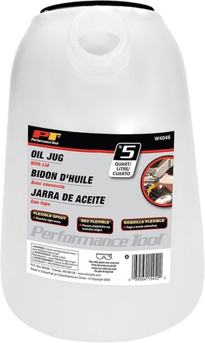 Performance Tool W4046 5 Qt. Oil Jug w/Lid - Measurement Markings, Pouring Handle, Flexible Spout, Spill-Free Oil Transfer, White in Saudi Arabia
