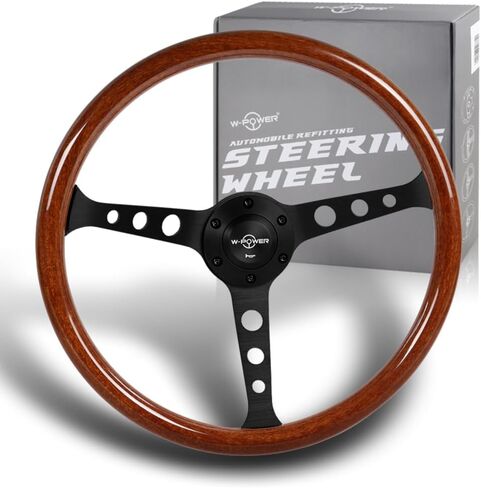 W-Power, 15" Reinforced 380mm 6 Bolt Hole Aluminum Finised Black Leather with White Stich Trim Steering Wheel, Chrome Horn Button JDM Euro VIP Style, 3" Deep (Black Leather/Chrome Spoke) in Saudi Arabia
