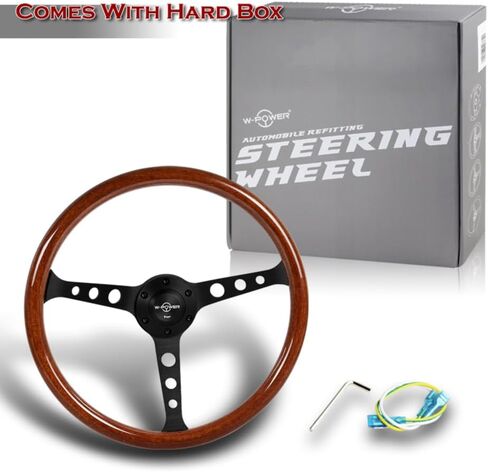 W-Power, 15" Reinforced 380mm 6 Bolt Hole Aluminum Finised Black Leather with White Stich Trim Steering Wheel, Chrome Horn Button JDM Euro VIP Style, 3" Deep (Black Leather/Chrome Spoke) in Saudi Arabia