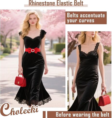 Women's Circle Rhinestone Elastic Bow Belt Wide Stretch Belts Ladies Waist Accessories for Dress in Saudi Arabia